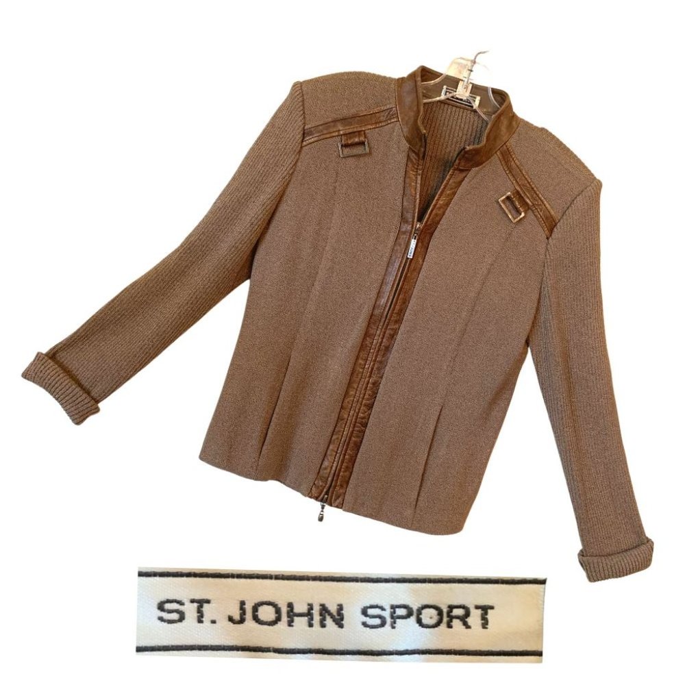 Vintage St John Sport Leather Trim Zip Up Knit Jacket Brown - Size S - EUC
